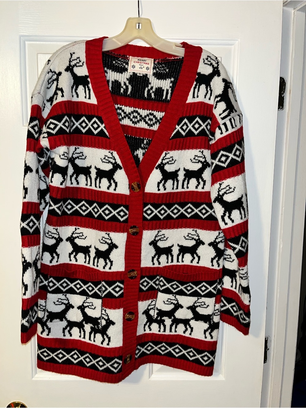 Red, White & Black Reindeer Vintage Inspired Button-Front Christmas Cardigan